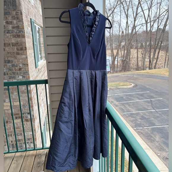 🆕Jessica Howard Navy Fit & Flare Dress Size 8 Ruffle Midi Cocktail Party Elegant - Picture 3 of 14
